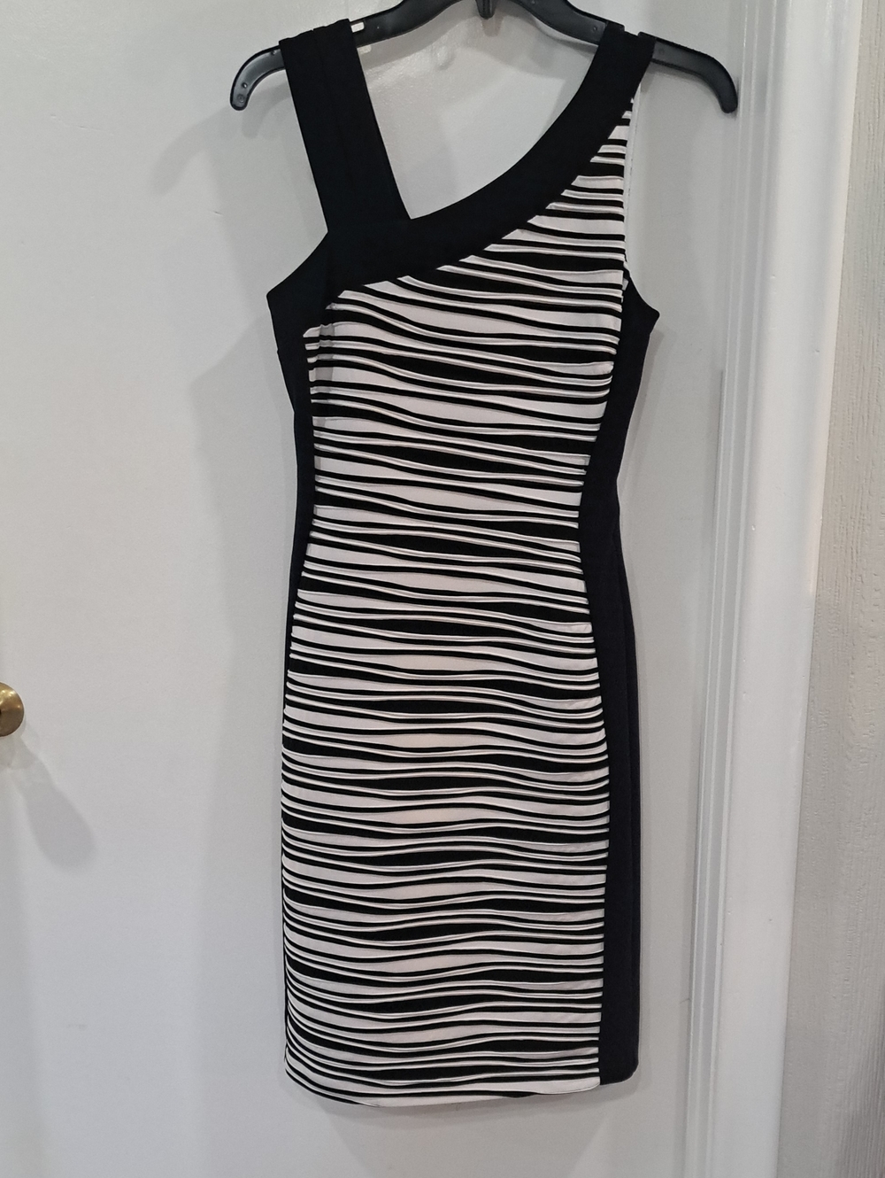 Joseph Ribkoff One-Shoulder Black and White Striped Dress